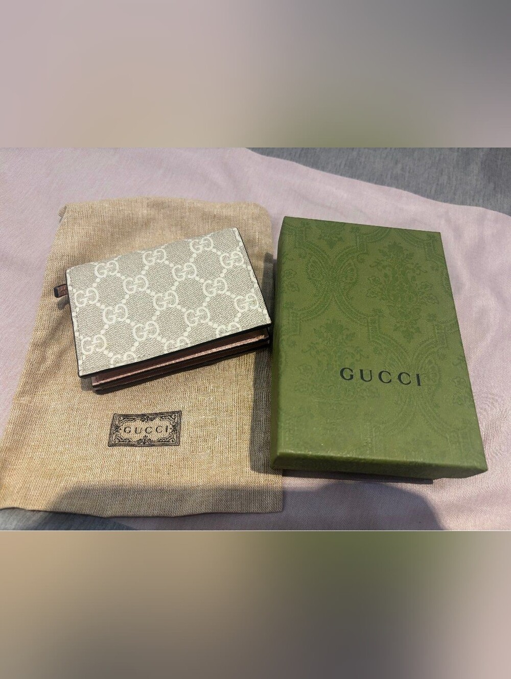 Gucci Beige GG Canvas and Pink Leather Mini Wallet with Gold Double G - Picture 5 of 8